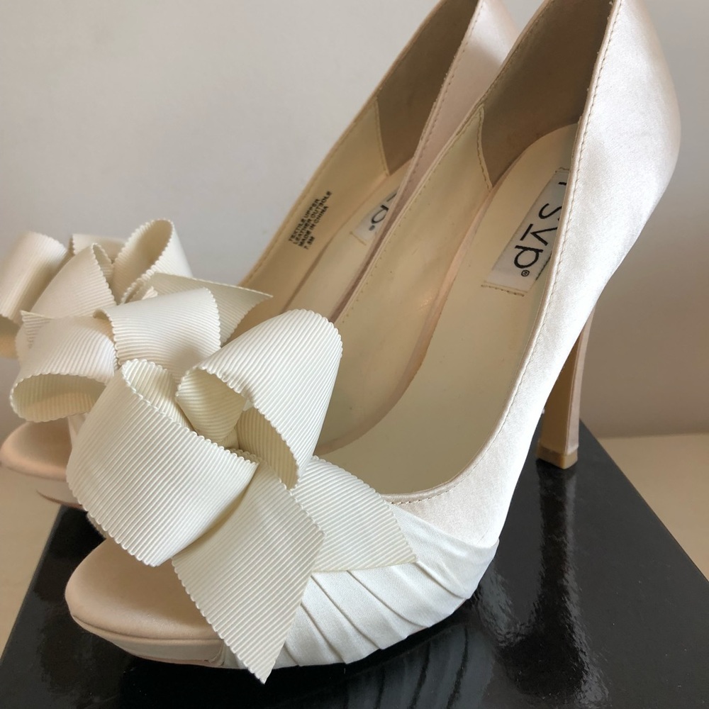 Champagne/Ivory Satin Heels with Bow